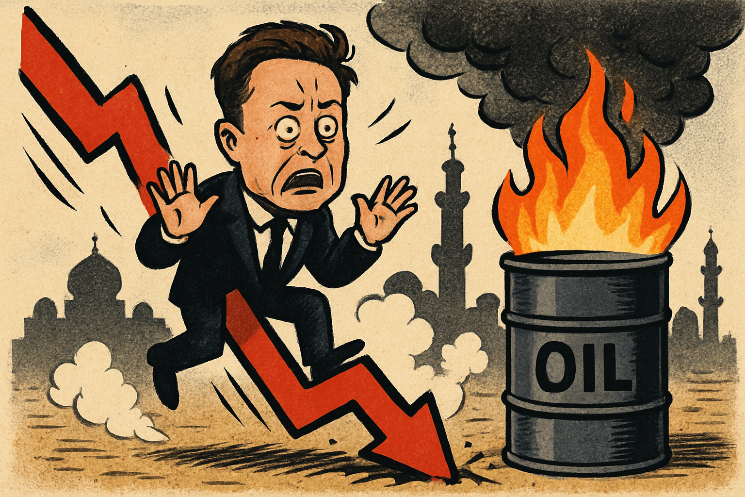 Imagen editorial factual sobre Caída de acciones de Tesla y aumento de precios del petróleo en medio de tensiones geopolíticas; ilustración sin recomendación de inversión.