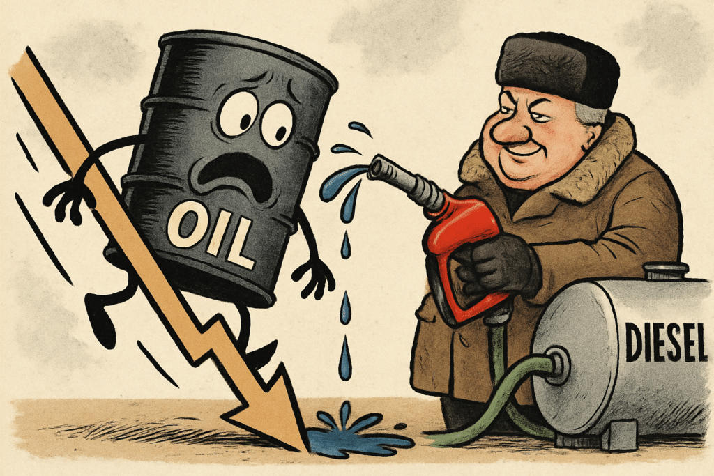 Imagen editorial factual sobre Caída de precios del petróleo ante aumento de exportaciones de diésel ruso; ilustración sin recomendación de inversión.
