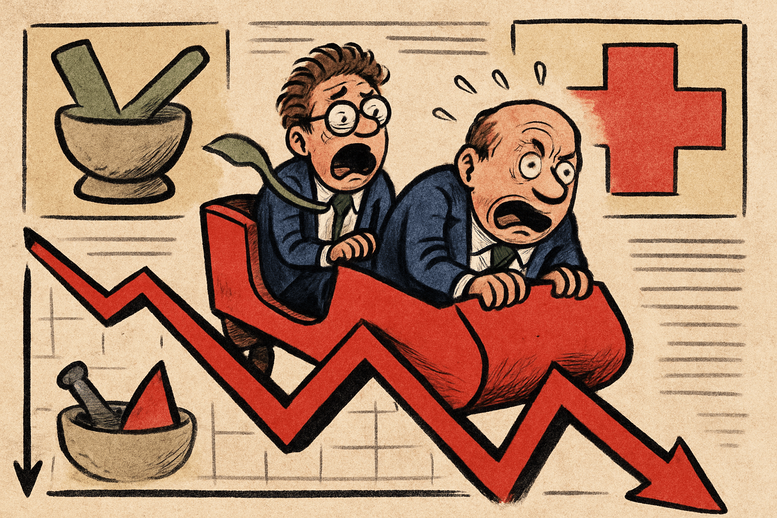 Imagen editorial factual sobre Desafíos en el Mercado: Caídas en Acciones de Bending Spoons y Revolution Medicines; ilustración sin recomendación de inversión.