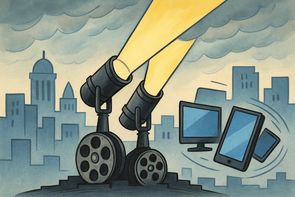 Imagen editorial factual sobre la fusión de Paramount y Warner Bros; ilustración sin recomendación de inversión.